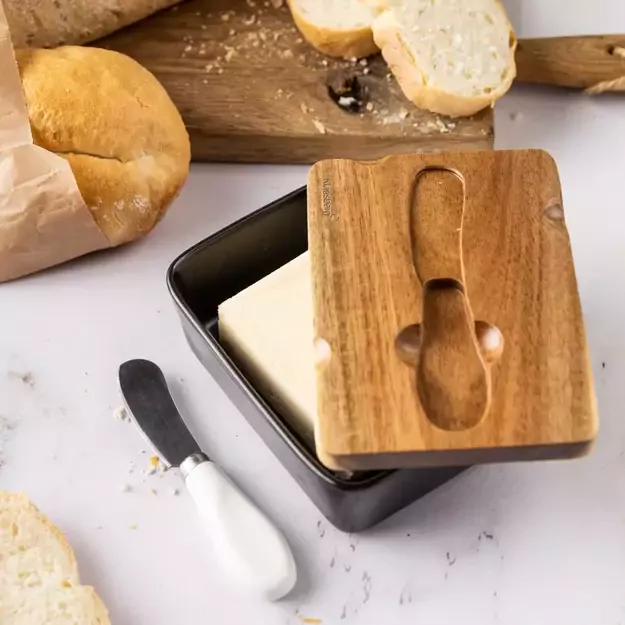 Klausberg keraminė sviestinė su akacijos dangčiu ir peiliuku, juoda KB-7784 4
