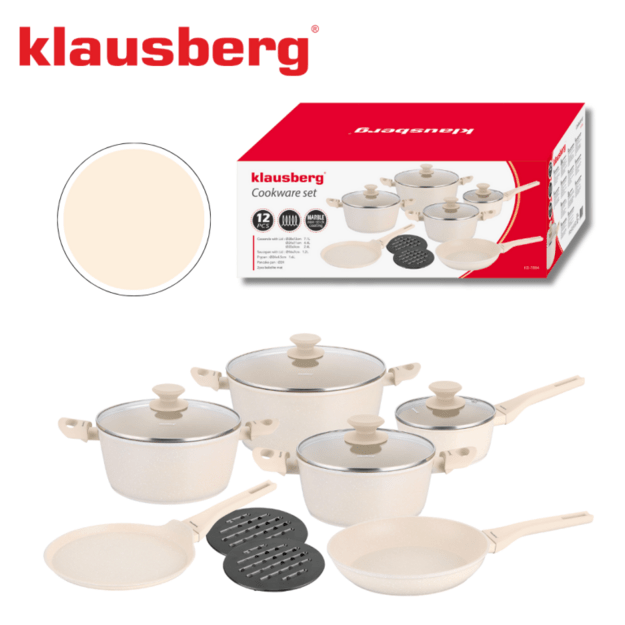 Klausberg puodų ir keptuvių rinkinys 12 dalių aliuminis su marmuro danga kreminis KB-7884 3