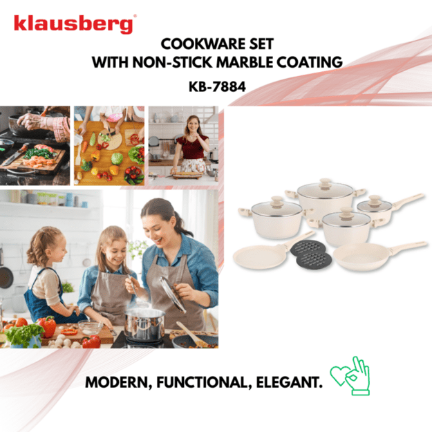 Klausberg puodų ir keptuvių rinkinys 12 dalių aliuminis su marmuro danga kreminis KB-7884 1