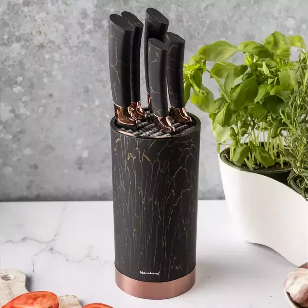 Klausberg virtuvinių peilių rinkinys su stovu, 5 dalių, juodas su rudos spalvos elementais KB-7799 8