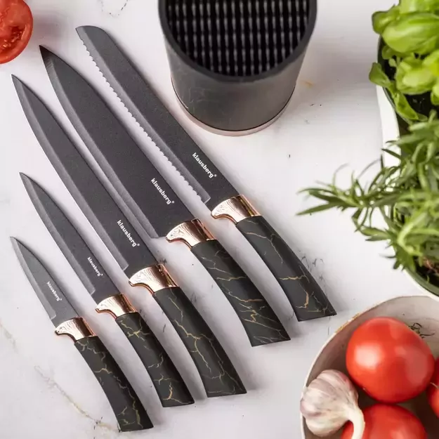 Klausberg virtuvinių peilių rinkinys su stovu, 5 dalių, juodas su rudos spalvos elementais KB-7799 9