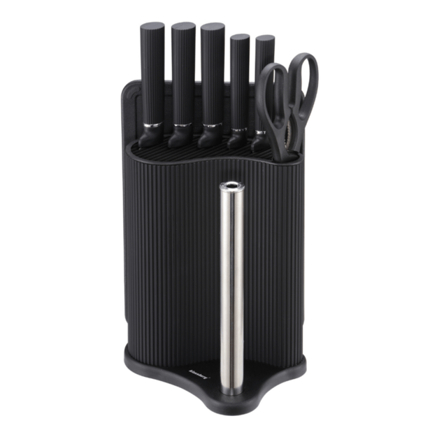 Klausberg peilių rinkinys su stovu, pjaustymo lentele ir popierinių rankšluosčių laikikliu 8 dalių juodas KB-7977