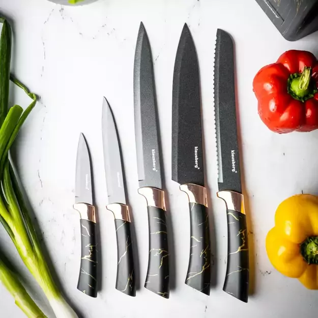 Klausberg virtuvinių peilių rinkinys su stovu, 5 dalių, juodas su rudos spalvos elementais KB-7768 3