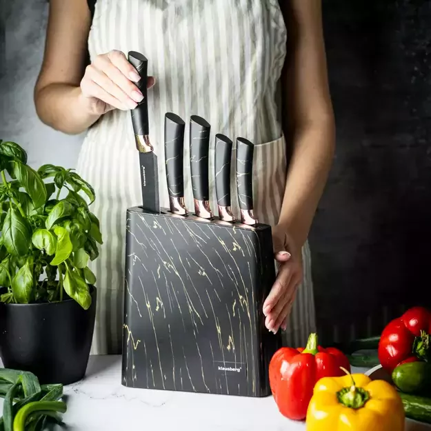 Klausberg virtuvinių peilių rinkinys su stovu, 5 dalių, juodas su rudos spalvos elementais KB-7768 2