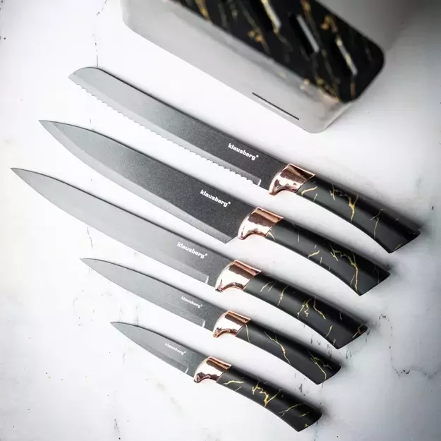 Klausberg virtuvinių peilių rinkinys su stovu, 5 dalių, juodas su rudos spalvos elementais KB-7768 4