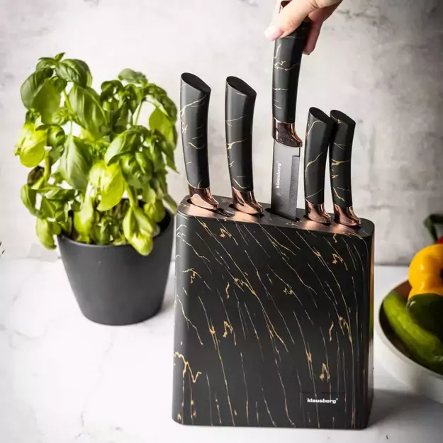 Klausberg virtuvinių peilių rinkinys su stovu, 5 dalių, juodas su rudos spalvos elementais KB-7768 5