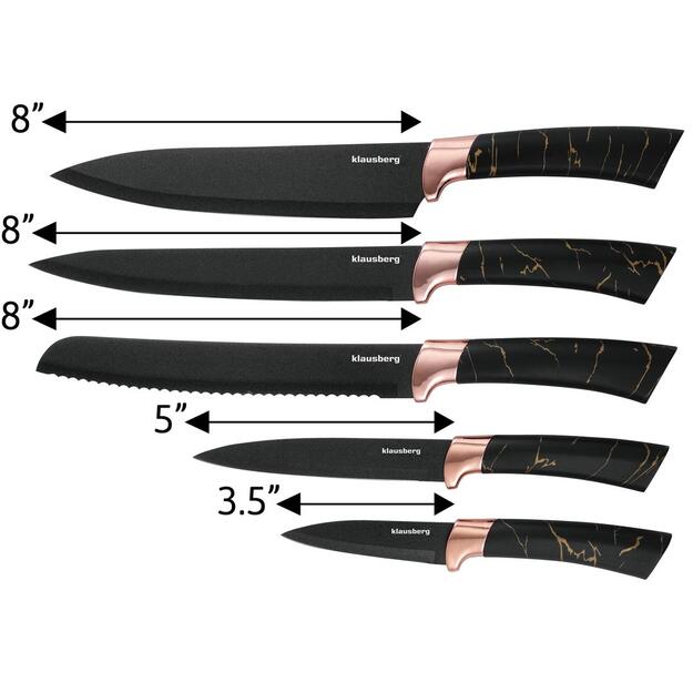 Klausberg virtuvinių peilių rinkinys su stovu, 5 dalių, juodas su rudos spalvos elementais KB-7768 8