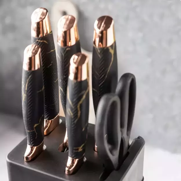 Klausberg virtuvinių peilių rinkinys su stovu ir žirklėmis, 6 dalių, juodas su rudos spalvos elementais KB-7770 6