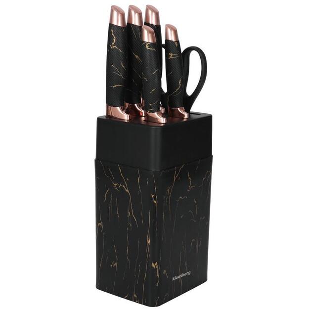 Klausberg virtuvinių peilių rinkinys su stovu ir žirklėmis, 6 dalių, juodas su rudos spalvos elementais KB-7770