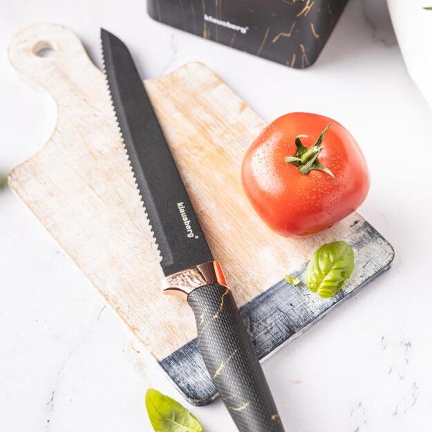 Klausberg virtuvinių peilių rinkinys su stovu ir žirklėmis, 6 dalių, juodas su rudos spalvos elementais KB-7770 1