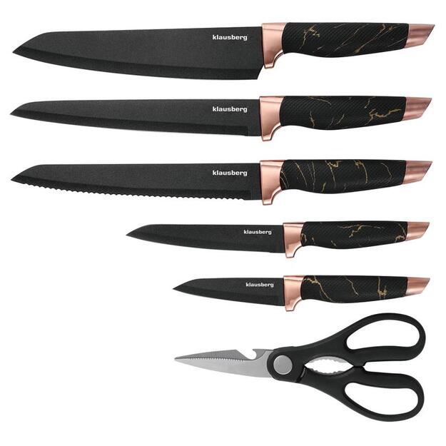 Klausberg virtuvinių peilių rinkinys su stovu ir žirklėmis, 6 dalių, juodas su rudos spalvos elementais KB-7770 8