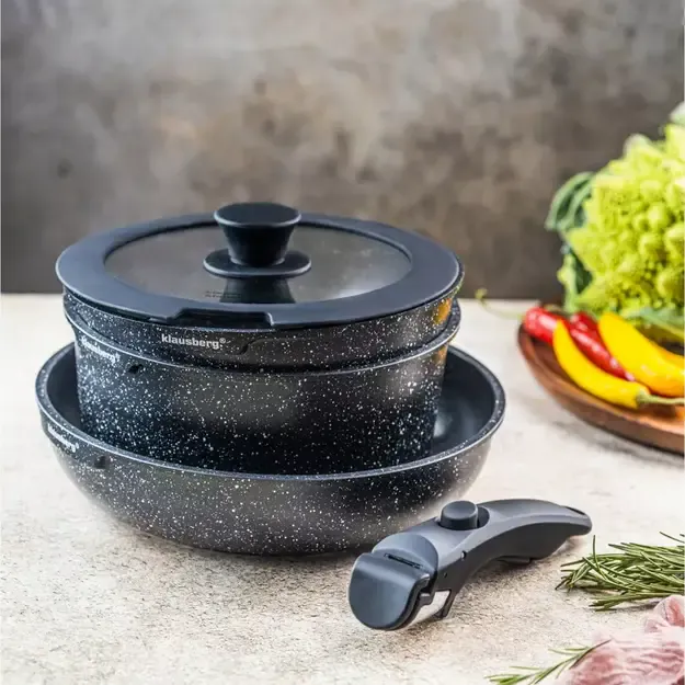 Klausberg puodų ir keptuvių rinkinys su nuimama rankena 5 dalių marmuro danga KB-7858 1