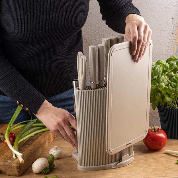 Klausberg peilių rinkinys su stovu, pjaustymo lentele ir popierinių rankšluosčių laikikliu 8 dalių smėlio spalvos KB-7978 3