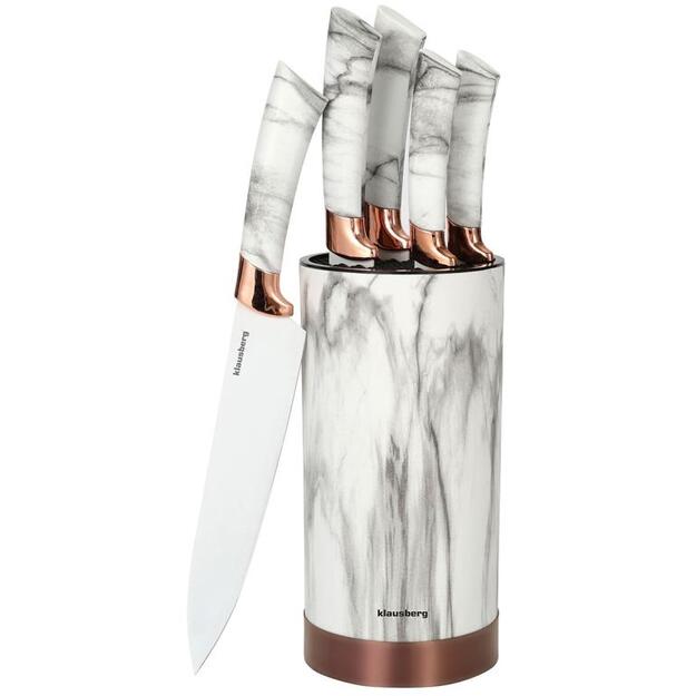 Klausberg virtuvinių peilių rinkinys su stoveliu, 5 vnt., baltas su rudu raštu KB-7800