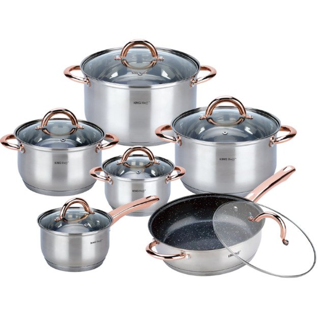 KINGHoff nerūdijančio plieno puodų rinkinys, 12 dalių, rožinio aukso spalvos KH-1766