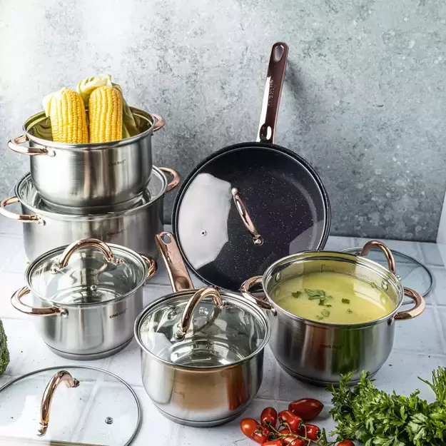 KINGHoff nerūdijančio plieno puodų rinkinys, 12 dalių, rožinio aukso spalvos KH-1766 1