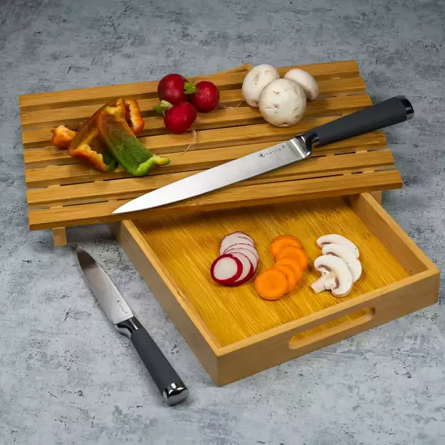 Kinghoff bambuko duonos pjaustymo lentelė su padėklu KH-1682 1